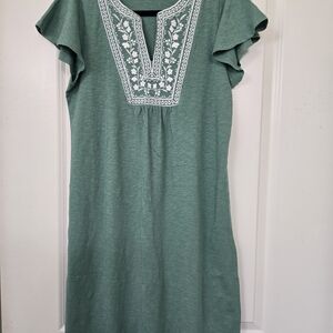Talbots Green Embroidered Knit Flowy Boho Shift Dress EUC SZ S